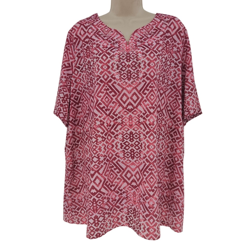 Catherines Top Women‎ 1X Geo Print Preppy Embellished Feminine Coquette Summer